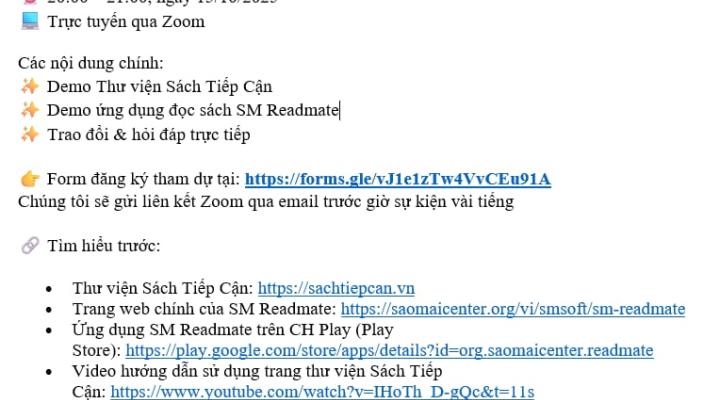 Thư mời tham dự sự kiện giới thiệu thư viện sách tiếp cận và ứng dụng đọc sách SM Readmate