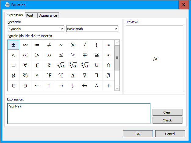 The "Insert equation" dialogue