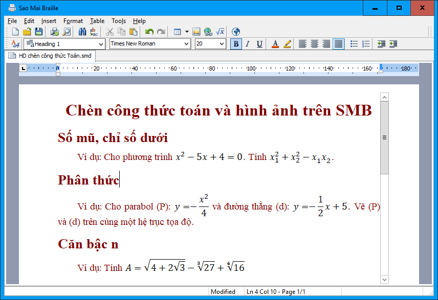 Các công thức toán được chèn trên tài liệu bằng SMB