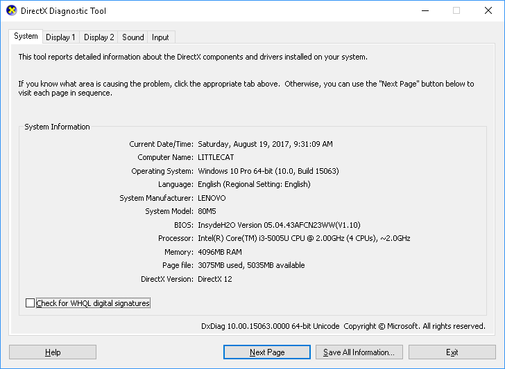 Hộp thoại DirectX Diagnostic Tool hiển thị thông tin của laptop.