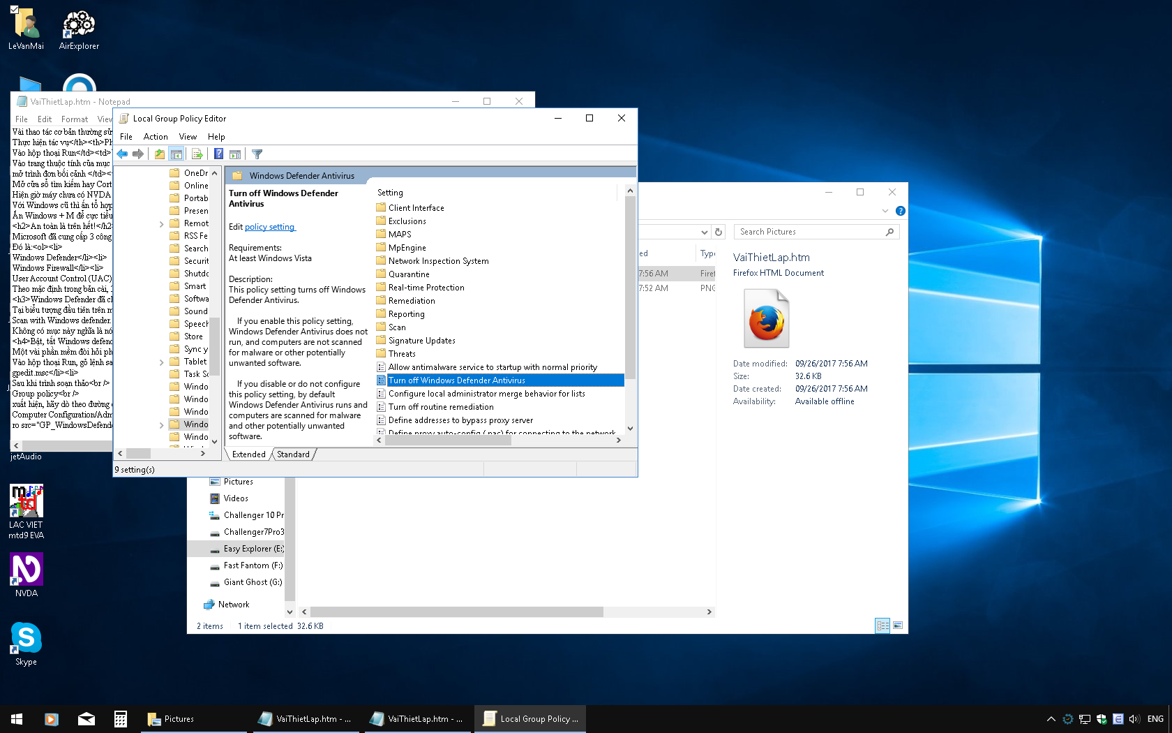 Windows Defender in Group Policy Editor.
