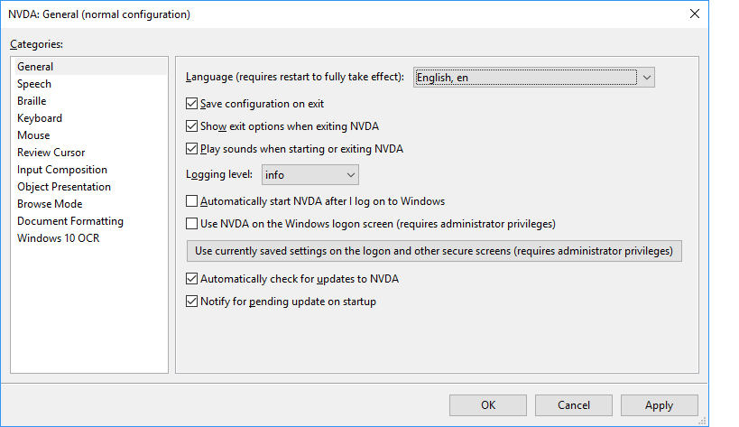 New Settings dialog in NVDA 2018.2.