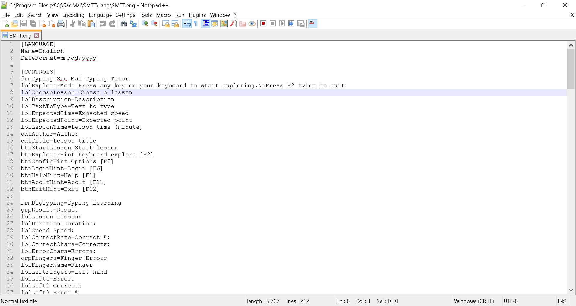 SMTT.eng language file opened in Notepad++ text editor