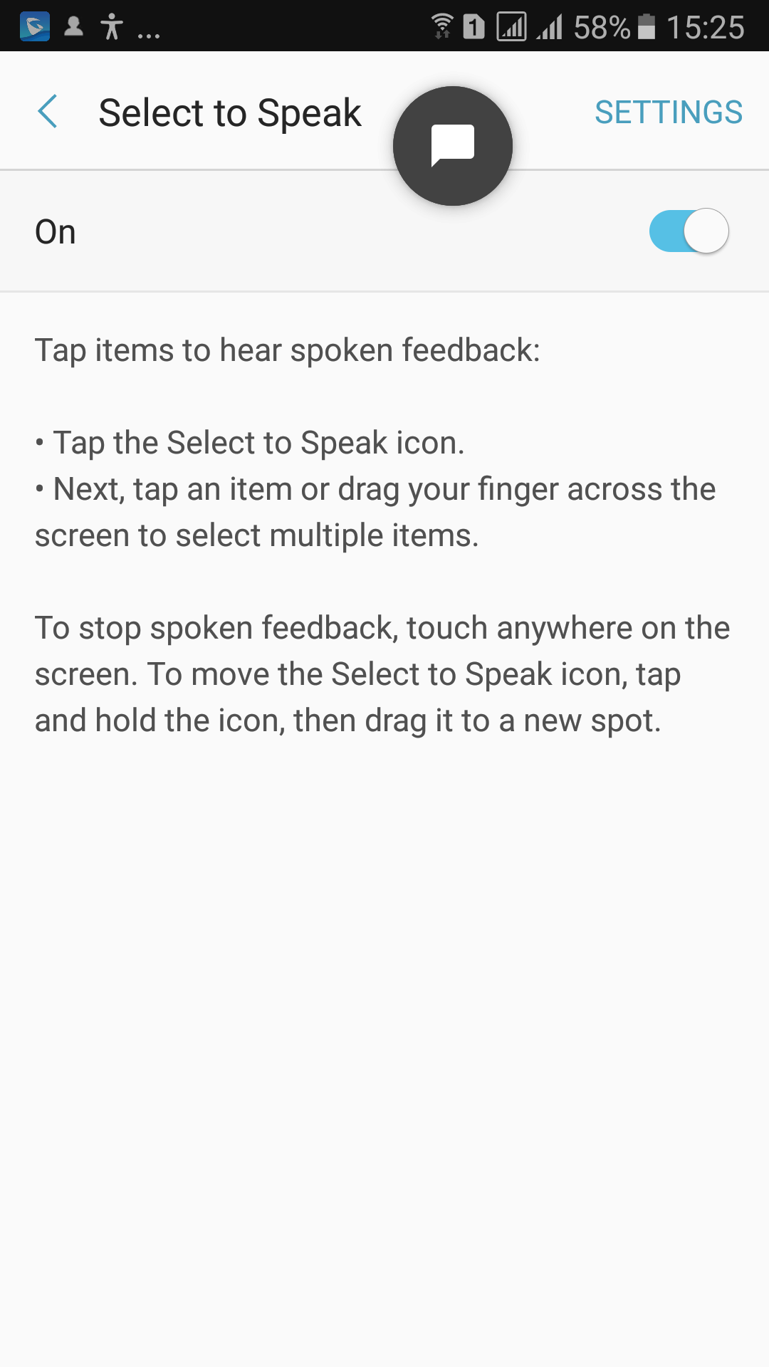The Accessibility screen with Select to speak turned on.