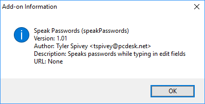 The about Speak Password Add-on dialog.